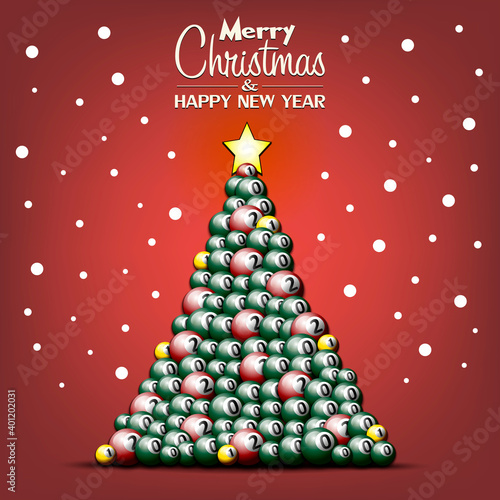 Merry Christmas and Happy New Year. Christmas tree made of billiard balls. Snowflakes on the background. Greeting card design template with for new year. Vector illustration