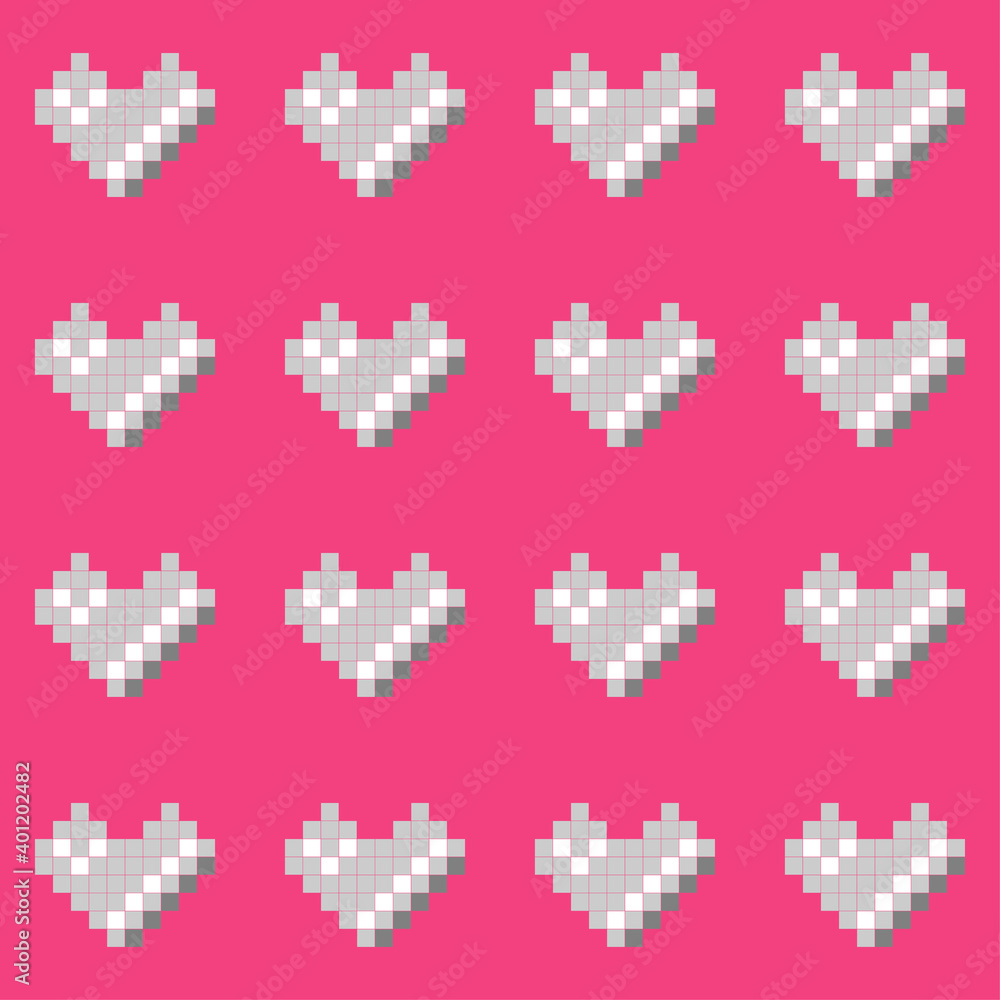 Pixel art. The heart icon. Valentine's Day. Cartoon drawings. Seamless pattern. Vector illustration for web design or print.