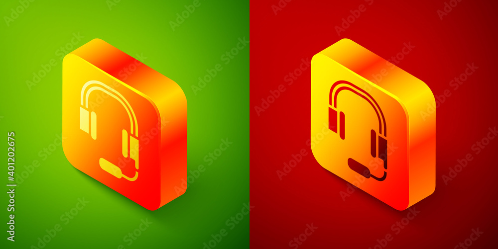 Isometric Headphones with microphone icon isolated on green and red background. Square button. Vector. Isometric Headphones with microphone icon isolated on green and red background. Square button. Vector.