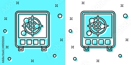 Black line Radar with targets on monitor in searching icon isolated on green and white background. Search system. Navy sonar. Random dynamic shapes. Vector.