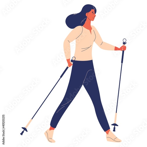 Woman training nordic walking. Cartoon vector character with poles isolated on white
