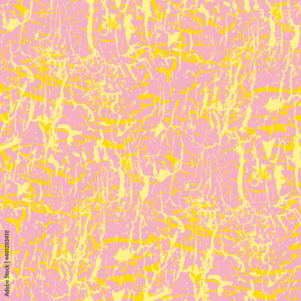 Gold craquelure abstract vector seamless pattern background. Dense overlapping golden yellow cracks on pink backdrop. Painterly marble effect crackle glaze design. All over print texture repeat