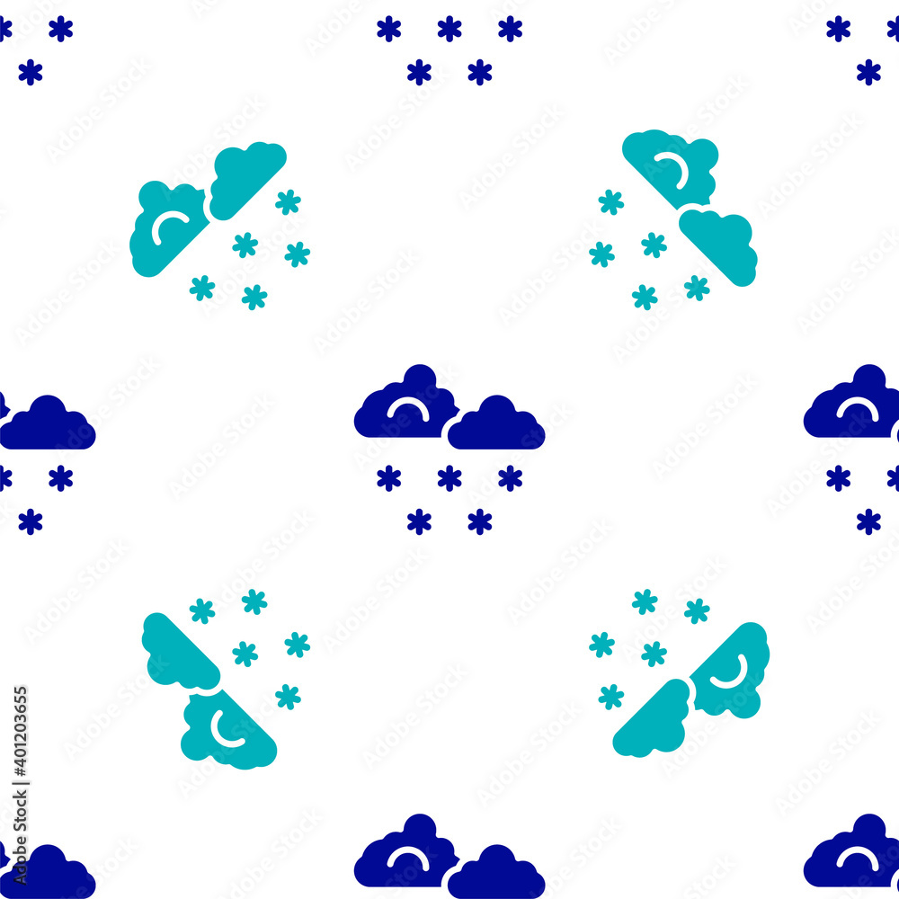 Obraz premium Blue Cloud with snow icon isolated seamless pattern on white background. Cloud with snowflakes. Single weather icon. Snowing sign. Vector.