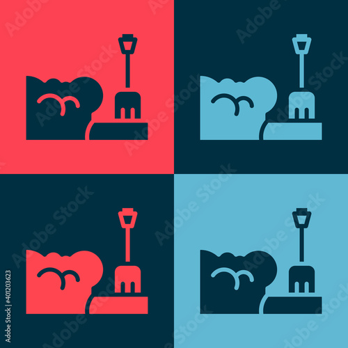 Pop art Shovel in snowdrift icon isolated on color background. Vector.