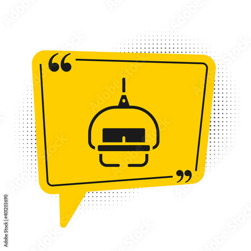 Black Ski lift icon isolated on white background. Yellow speech bubble symbol. Vector.