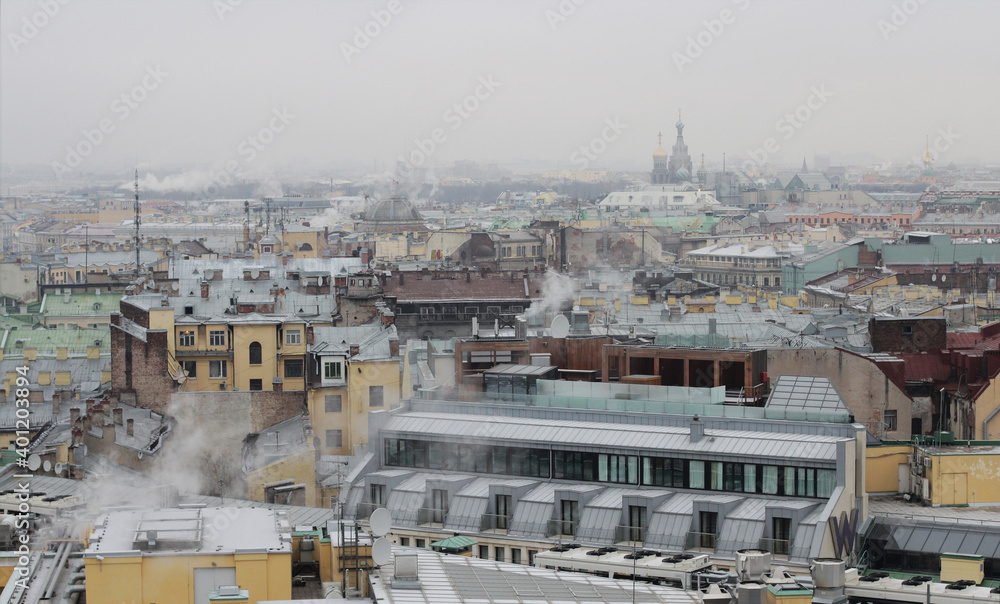 Panoramic view of the city of St. Petersburg in winter. View of the rooftops of the city in winter.