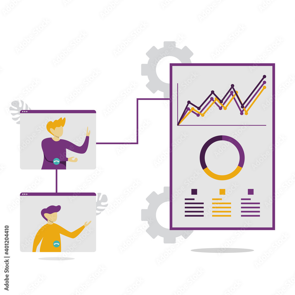 modern flat people character. work team is reporting sales statistics online, online meeting, diagrams of sales management statistics. ideal for websites, landing pages, UI, mobile applications.