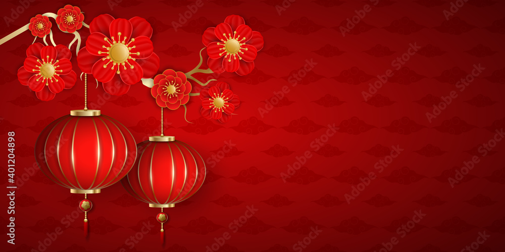 Happy Chinese New Year. Wealthy, elegant template with blooming flowers and hanging lantern on a red background with pattern of clouds. Festive design for brochure. Vector illustration Happy Chinese New Year. Wealthy, elegant template with blooming flowers and hanging lantern on a red background with pattern of clouds. Festive design for brochure. Vector illustration