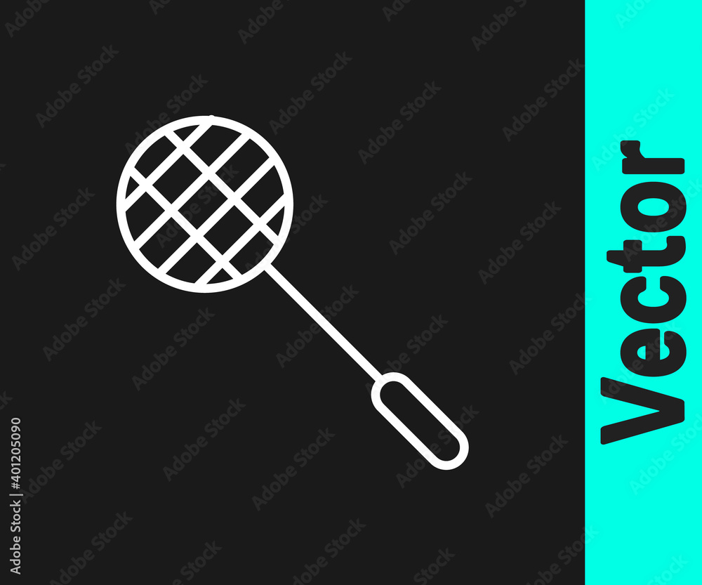 White line Tennis racket icon isolated on black background. Sport equipment. Vector Illustration. White line Tennis racket icon isolated on black background. Sport equipment. Vector Illustration.