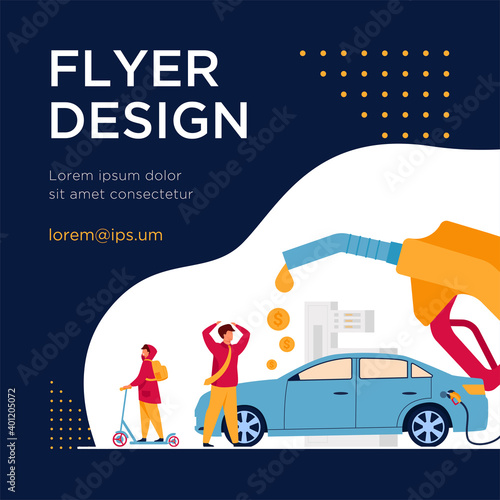 High price for car fuel concept. People wasting money for gasoline, changing car for scooter, saving cash. Flat vector illustration for economy, refueling, city transport concept