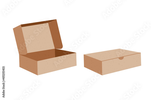 Vector illustration of the cardboard box in closed and open form. Hand-drawn set isolated on white background. Ecological packaging. Suitable for web and print design.