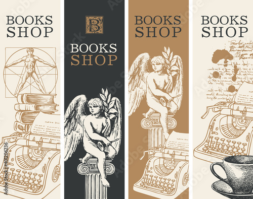 Set of four banners for books shop in retro style. Vector illustrations with hand-drawn typewriter, angel, books, cup and inscription. Suitable for flyer, label, bookmark, advertising, poster