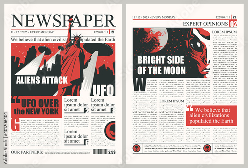 Newspaper columns with unreadable text, headlines and illustrations on topic of extraterrestrial civilizations, aliens. Vector template for a newspaper layout on the theme of UFOs in the United States