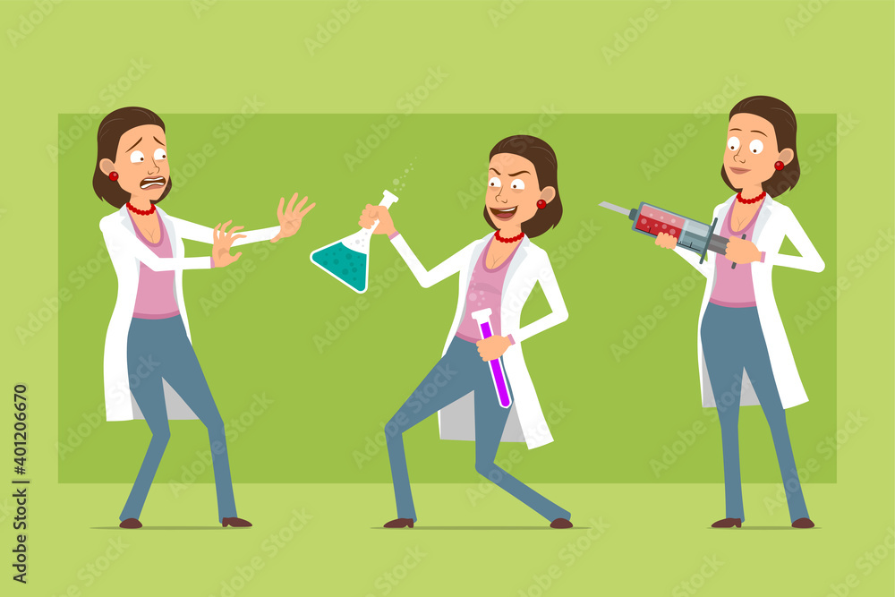 Cartoon flat funny doctor woman character in white uniform. Girl scared and holding chemical flasks with liquid. Ready for animation. Isolated on green background. Vector set. Cartoon flat funny doctor woman character in white uniform. Girl scared and holding chemical flasks with liquid. Ready for animation. Isolated on green background. Vector set.