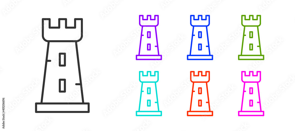 Black line Castle tower icon isolated on white background. Fortress sign. Set icons colorful. Vector. Black line Castle tower icon isolated on white background. Fortress sign. Set icons colorful. Vector.