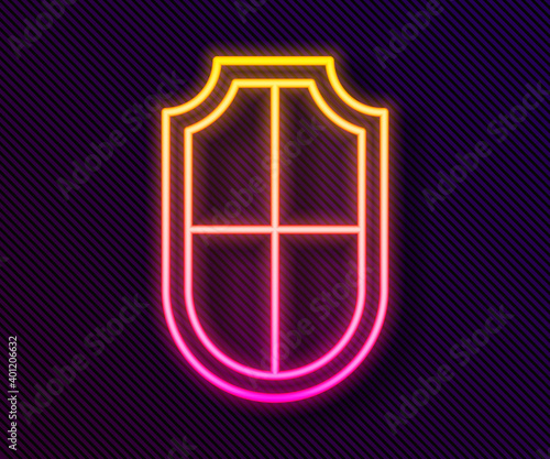 Glowing neon line Shield icon isolated on black background. Guard sign. Security, safety, protection, privacy concept. Vector.