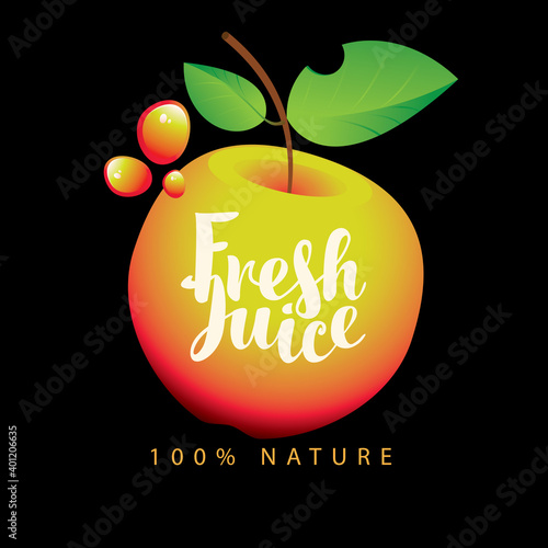 Vector banner or label with a ripe juicy apple, green leaves, yellow juice drops and a calligraphic inscription Fresh juice on a black background