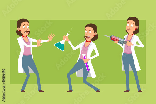 Cartoon flat funny doctor woman character in white uniform. Girl scared and holding chemical flasks with liquid. Ready for animation. Isolated on green background. Vector set.