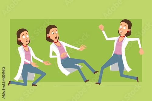 Cartoon flat funny doctor woman character in white uniform. Girl scared, running and falling down. Ready for animation. Isolated on green background. Vector set.