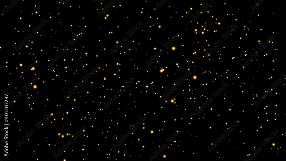 The dust is yellow. Yellow sparks and golden stars shine with special light. Vector sparkles on a black background. Christmas light effect. Sparkling magical dust particles