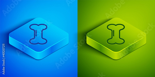 Isometric line Dog bone icon isolated on blue and green background. Pets food symbol. Square button. Vector.
