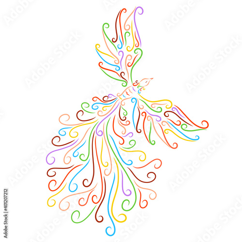 beautiful flying mythical bird made of many colored curls