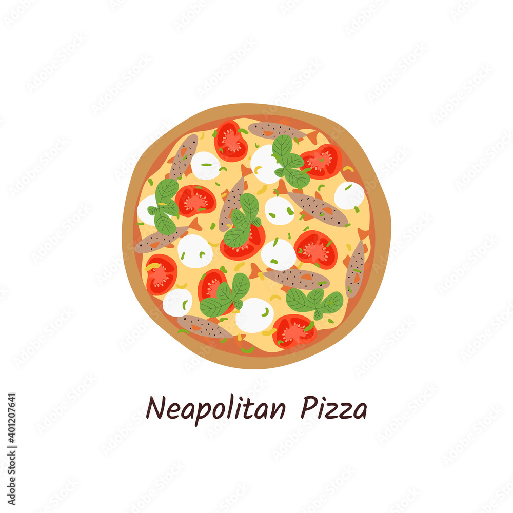 Fototapeta Neapolitan pizza top view with ingredients. Italian tasty pizza with anchovies, tomatoes, mozzarella and basil. Flat style isolated on white background. 