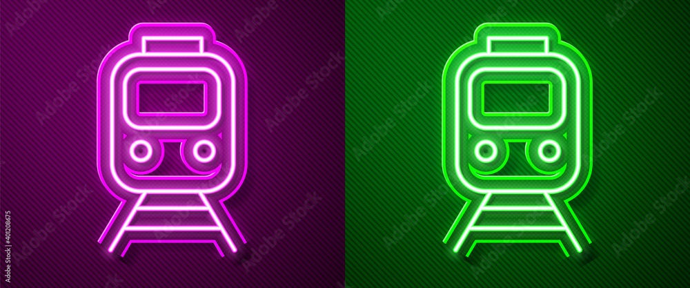 Glowing neon line Train and railway icon isolated on purple and green background. Public transportation symbol. Subway train transport. Metro underground. Vector. Glowing neon line Train and railway icon isolated on purple and green background. Public transportation symbol. Subway train transport. Metro underground. Vector.