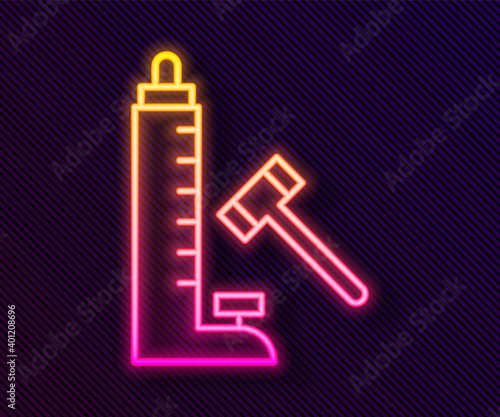 Glowing neon line High striker attraction with big hammer icon isolated on black background. Attraction for measuring strength. Amusement park. Vector.