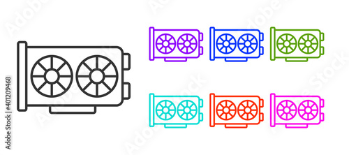 Black line Video graphic card icon isolated on white background. Set icons colorful. Vector.