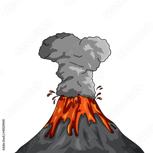 volcano eruption in white background from mountains and smoke in the sky for educational chart vector illustration eps