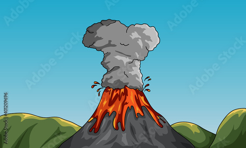 volcanic irruption science background showing eruption of magma and clouds filled with smoke with mountains in the background and blue sky vector illustration eps