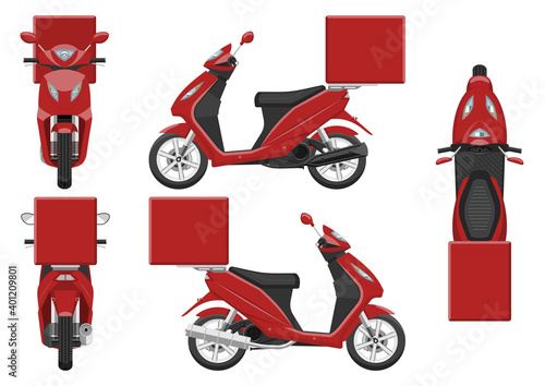 Red delivery motorcycle vector template with simple colors without gradients and effects. View from side, front, back, and top