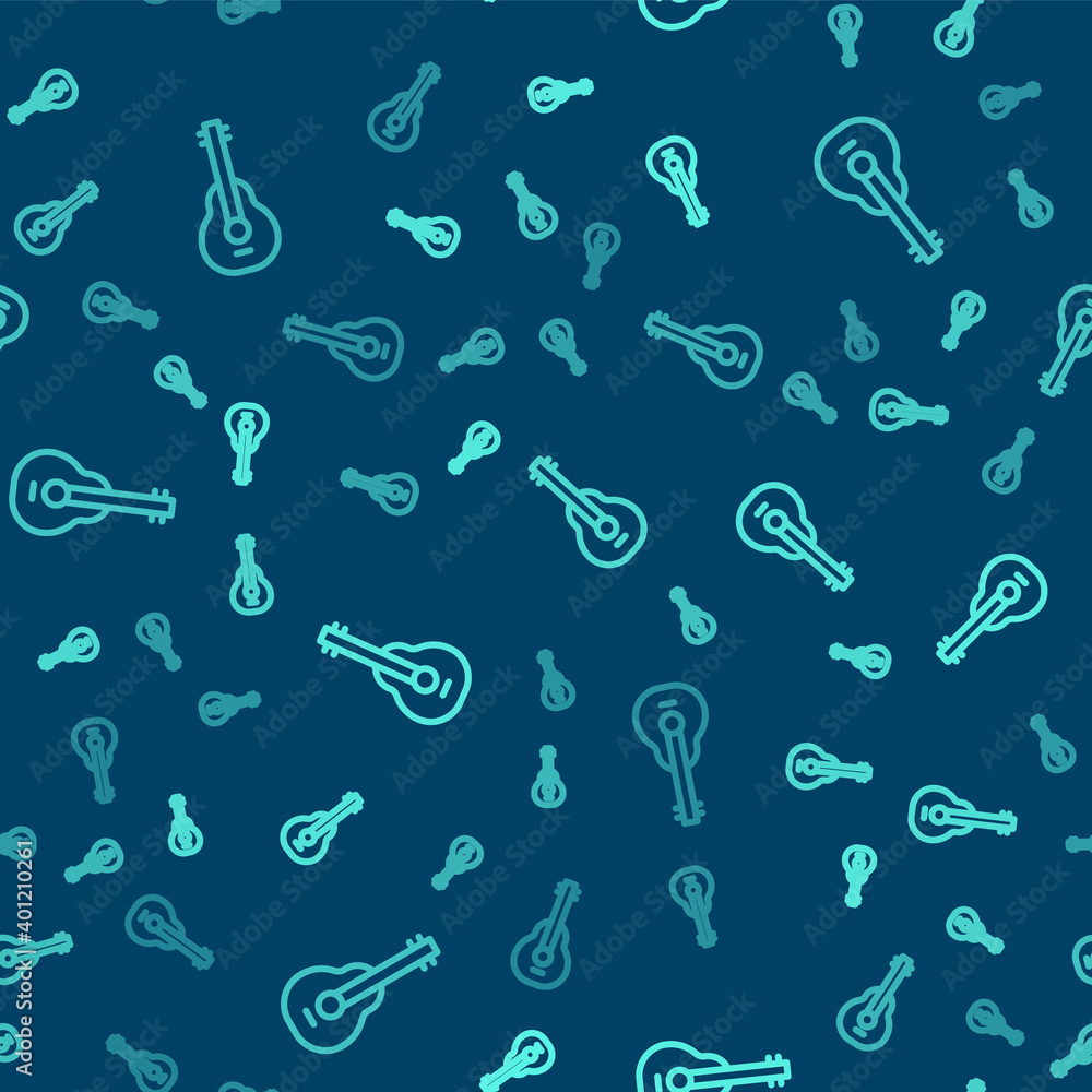 Green line Mexican guitar icon isolated seamless pattern on blue background. Acoustic guitar. String musical instrument. Vector. Green line Mexican guitar icon isolated seamless pattern on blue background. Acoustic guitar. String musical instrument. Vector.