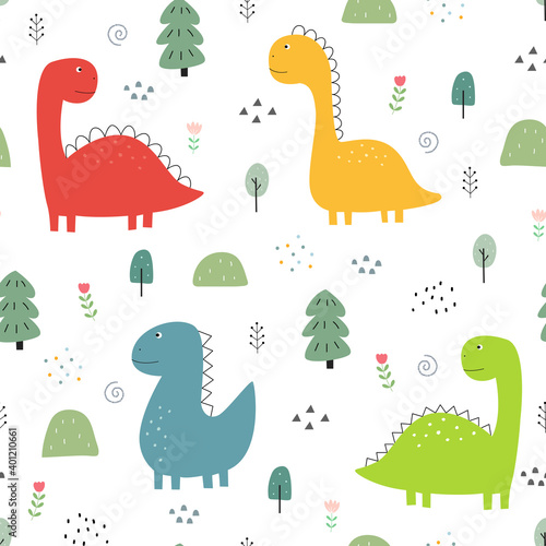 Seamless pattern dinosaur and tree Cute animal cartoon background hand-drawn in kid-style design for print, wallpaper, fabric, textile vector illustration