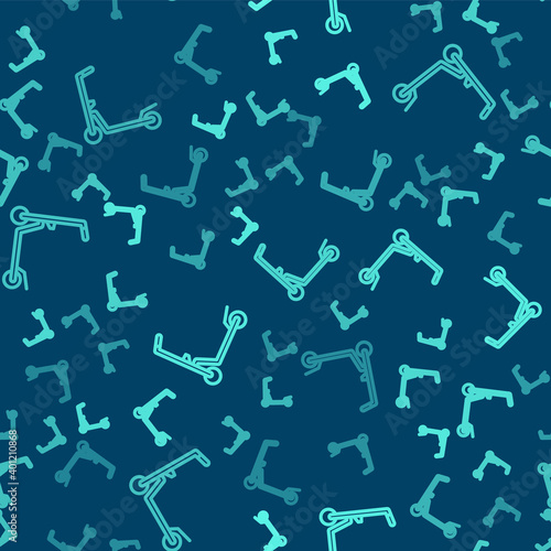Green line Roller scooter for children icon isolated seamless pattern on blue background. Kick scooter or balance bike. Vector.