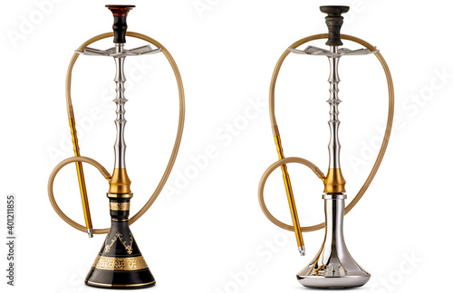 Two traditional and modern turkish or arabian hookah, isolated on white background. Handmade carved gold pattern, crystal glass bowl