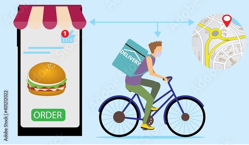 Online delivery service concept, online order tracking, delivery home and office. Bicycle courier in respiratory mask.
