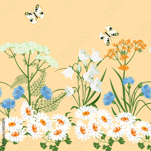 Wild flowers. Seamless summer pattern with cornflowers, chamomile, herbs, bells and butterfly.