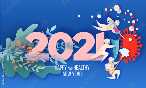 2021 New Year design card with Doctor team fighting with coronavirus pandemic