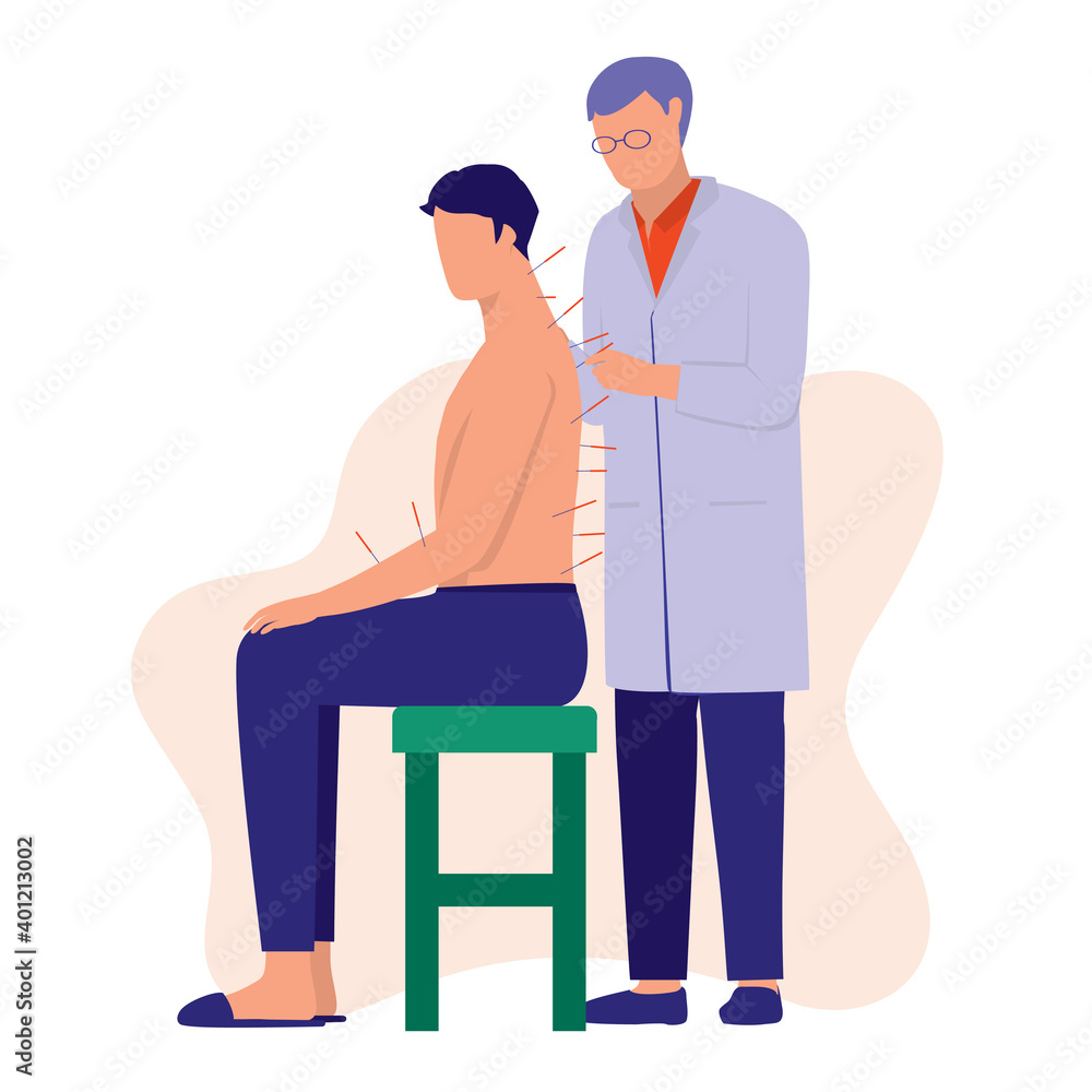 Acupuncture Therapy Man. Alternative Medicine Concept. Vector Illustration Flat Cartoon. An Old