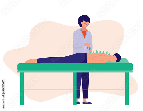 Cupping Therapy Woman. Alternative Medicine Concept. Vector Illustration Flat Cartoon.    An Old Chinese Therapist Puts Special Cups On The Man's Skin To Create Suction For Cupping Therapy.
