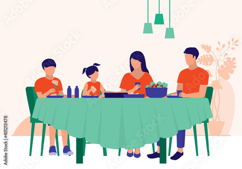 Family Having Dinner Together At Home. Family Relationships Concept. Vector Flat Cartoon Illustration. Family Having Meal Together At Home.