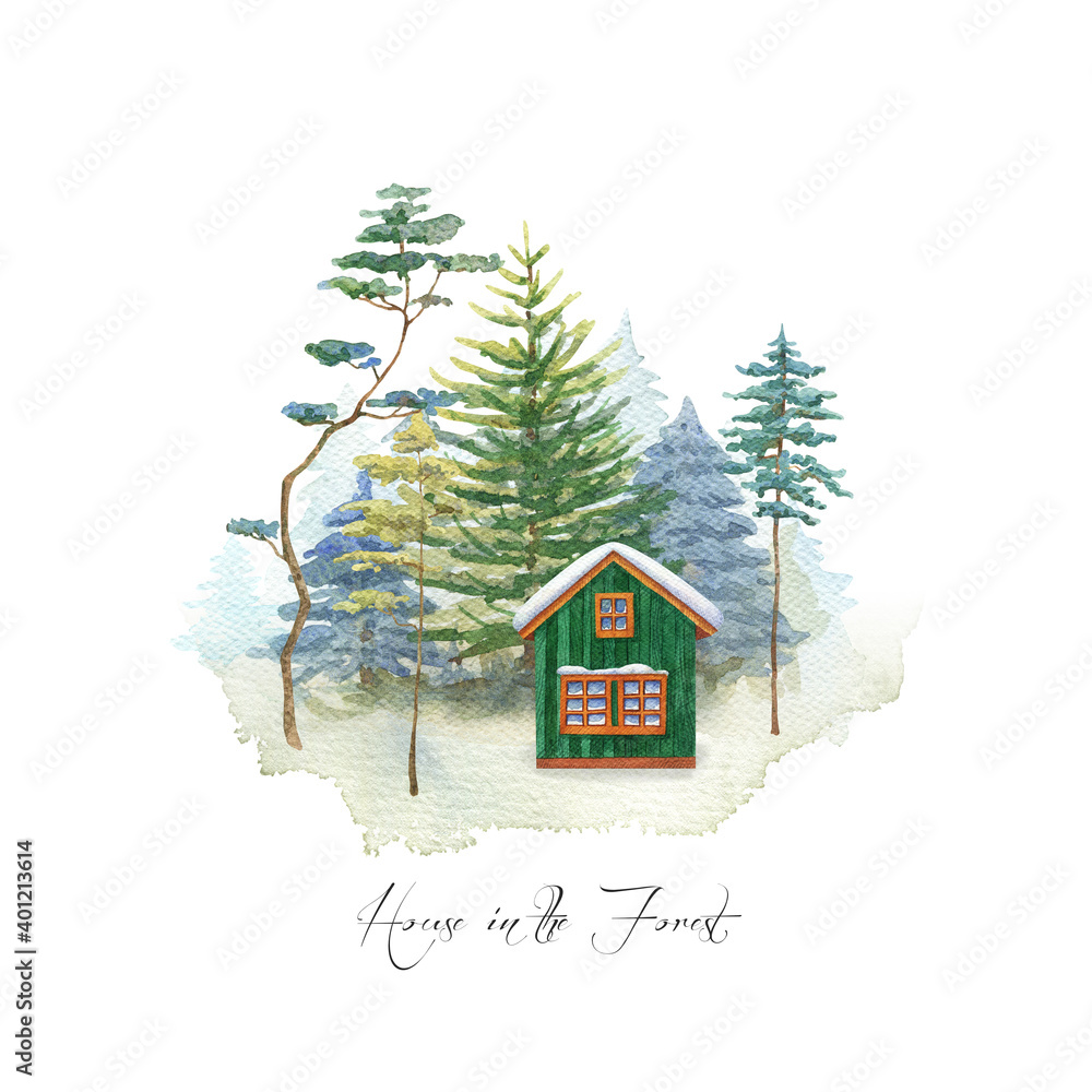Fototapeta premium Green lonely forest house in pine, spruce wood. Watercolor landscape