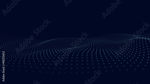 A wave of moving particles. Abstract 3d vector illustration on a dark background.