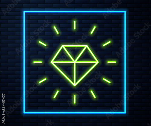 Glowing neon line Diamond icon isolated on brick wall background. Jewelry symbol. Gem stone. Vector.