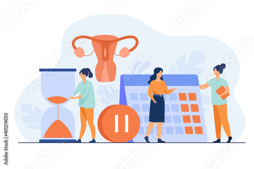 Female patient consulting doctor about reproductive health. Hourglass, calendar, pause button. Vector illustration for gynecology, menopause, estrogen replacement therapy concepts