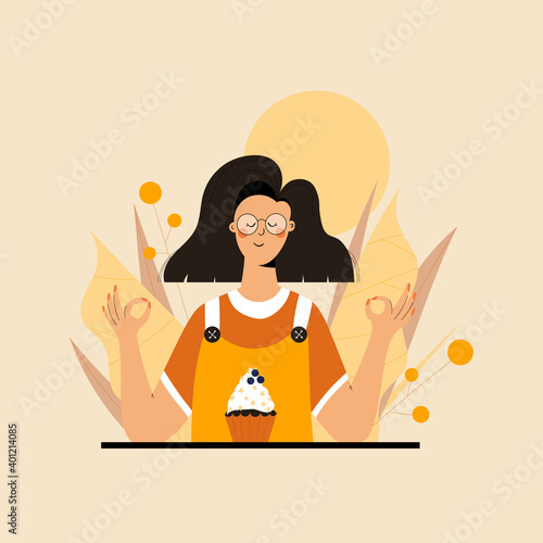 Cute woman practicing mindful eating exercise in nature and leaves. Concept illustration for meditation, relax, recreation, healthy lifestyle, mindfulness practice. Flat trendy vector illustration