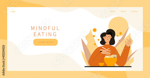Cute woman practicing mindful eating exercise in nature and leaves. Concept illustration for meditation, relax, recreation, healthy lifestyle, mindfulness practice. Landing page, banner design