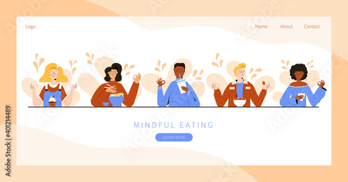 Set of people practicing mindful eating exercise. Concept illustration for meditation, relax, recreation, healthy lifestyle, mindfulness practice. Landing page, banner design